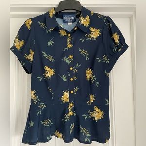 ModCloth navy peplum floral top with gold buttons